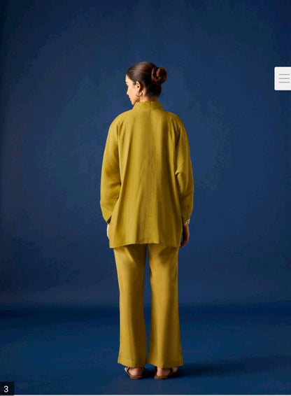 Women’s Olive Green Floral Embroidered Shirt & Straight Pants Co-ord Set | Premium Casual Wear