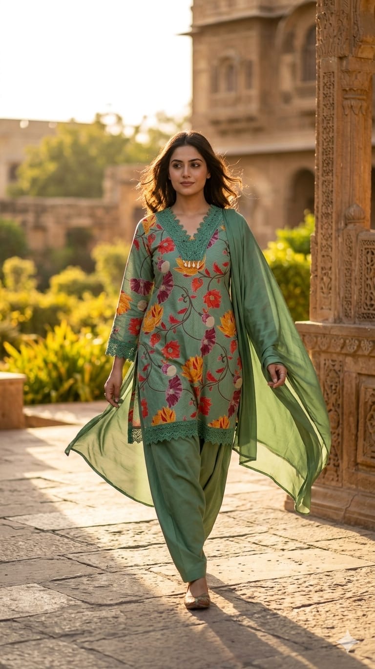 Women’s Sage Green Floral Printed Kurta Salwar Dupatta Set | Elegant Ethnic Suit for Festive & Casual Wear