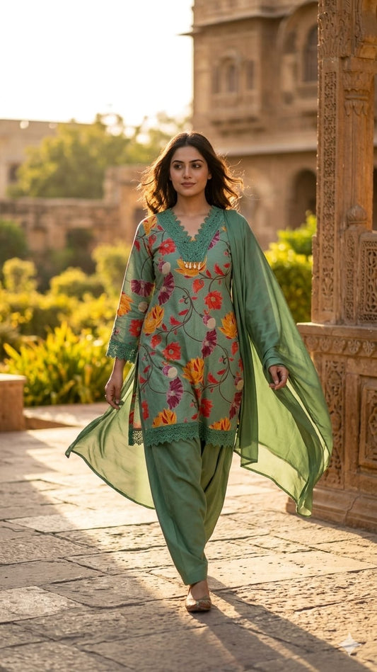 Women’s Sage Green Floral Printed Kurta Salwar Dupatta Set | Elegant Ethnic Suit for Festive & Casual Wear