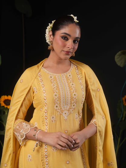 Yellow Embroidered Straight Kurta Pant Set with Dupatta for Women