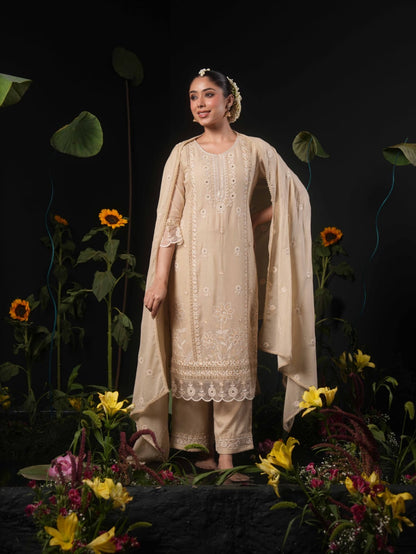 Yellow Embroidered Straight Kurta Pant Set with Dupatta for Women