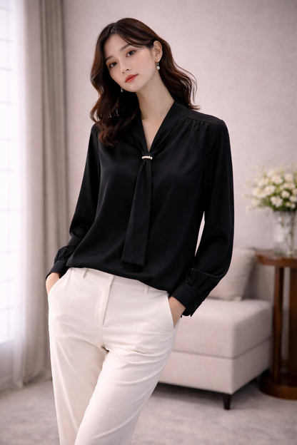 Elegant Tie-Neck Satin Blouse