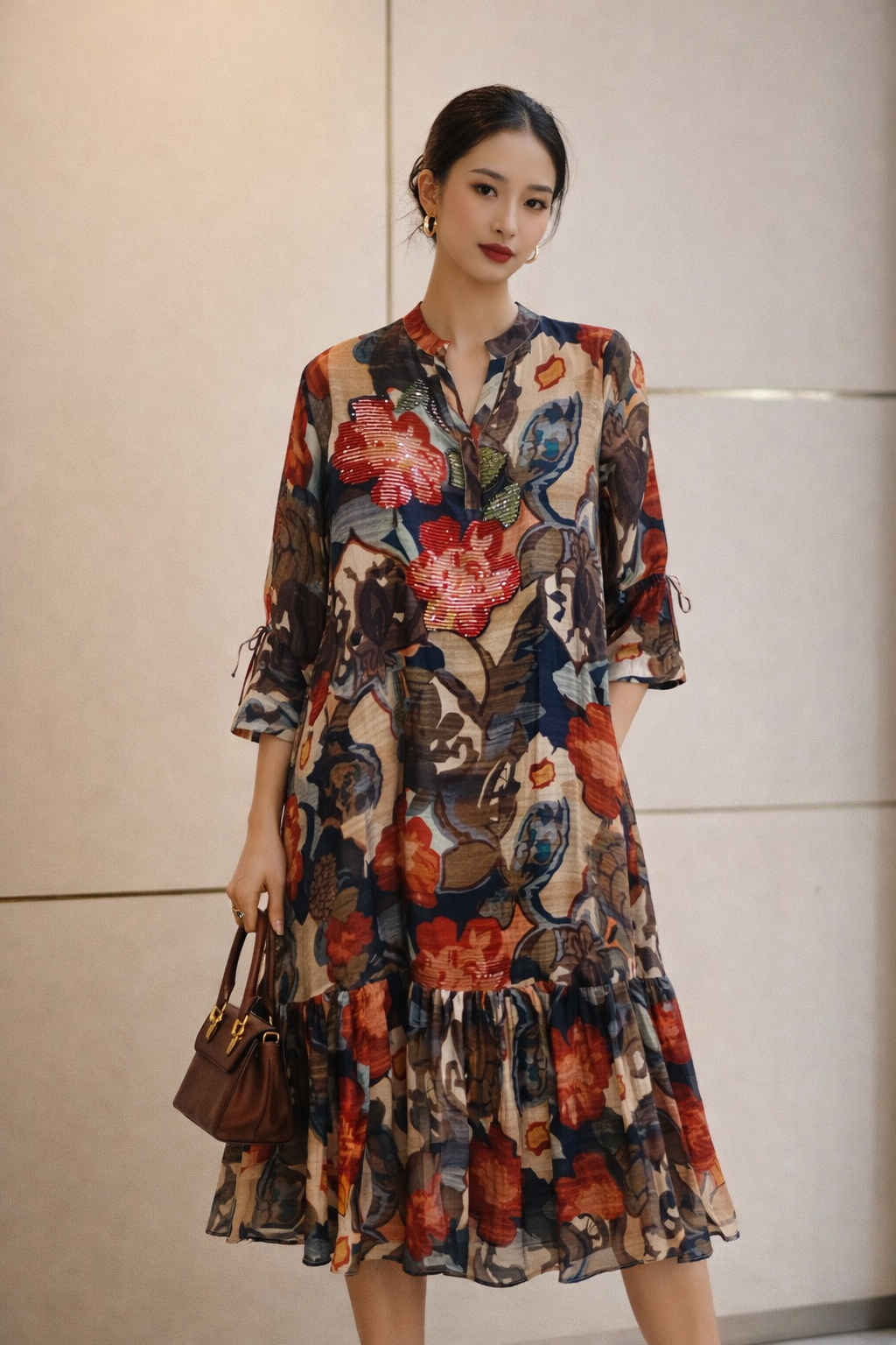 Floral Printed A-Line Midi Dress with Ruffle Hem