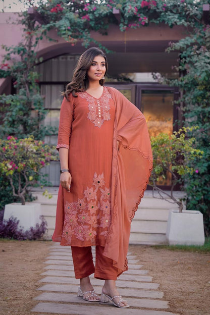 Premium Mul Chanderi Appliqué & Mirror Work Kurta Set with Dupatta