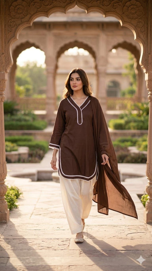 Women’s Rust Brown Straight Kurta with Off-White Patiala Pants & Matching Dupatta | Ethnic Cotton Blend 3-Piece Suit Set | Festive & Casual Wear