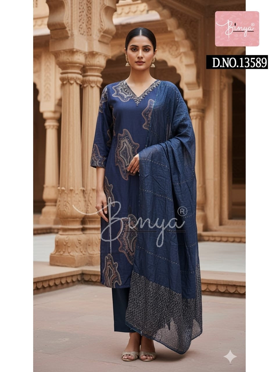Elegant Embroidered V-Neck Kurta Set with Dupatta – Premium Ethnic Women’s Suit