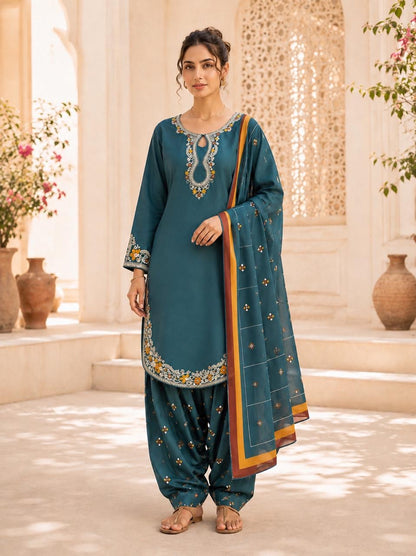 Rust Orange Embroidered Patiala Suit Set with Dupatta for Women