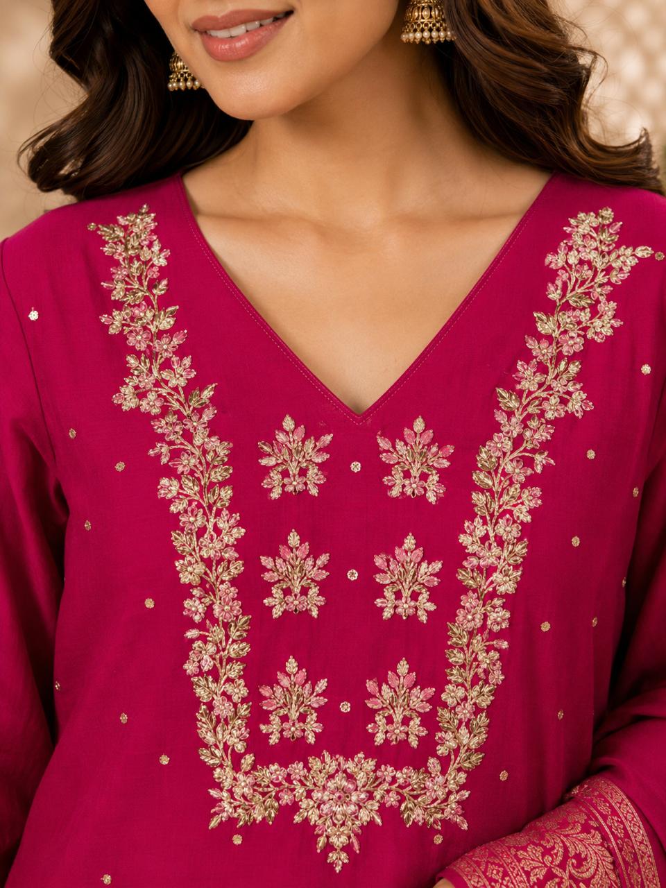 Women’s Purple Embroidered Kurta Pant Set with Banarasi Dupatta | Ethnic Festive Suit Set | Elegant Traditional Wear