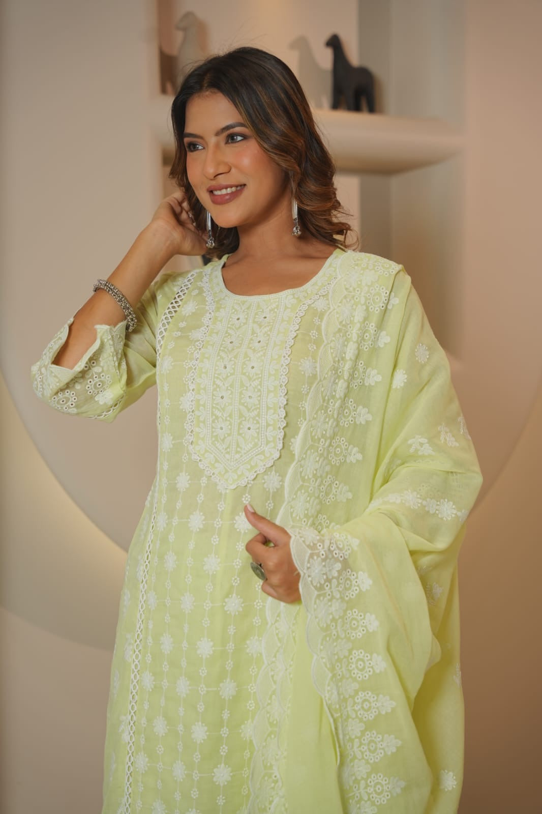 Women’s Lemon Yellow Embroidered Kurta Pant Dupatta Set