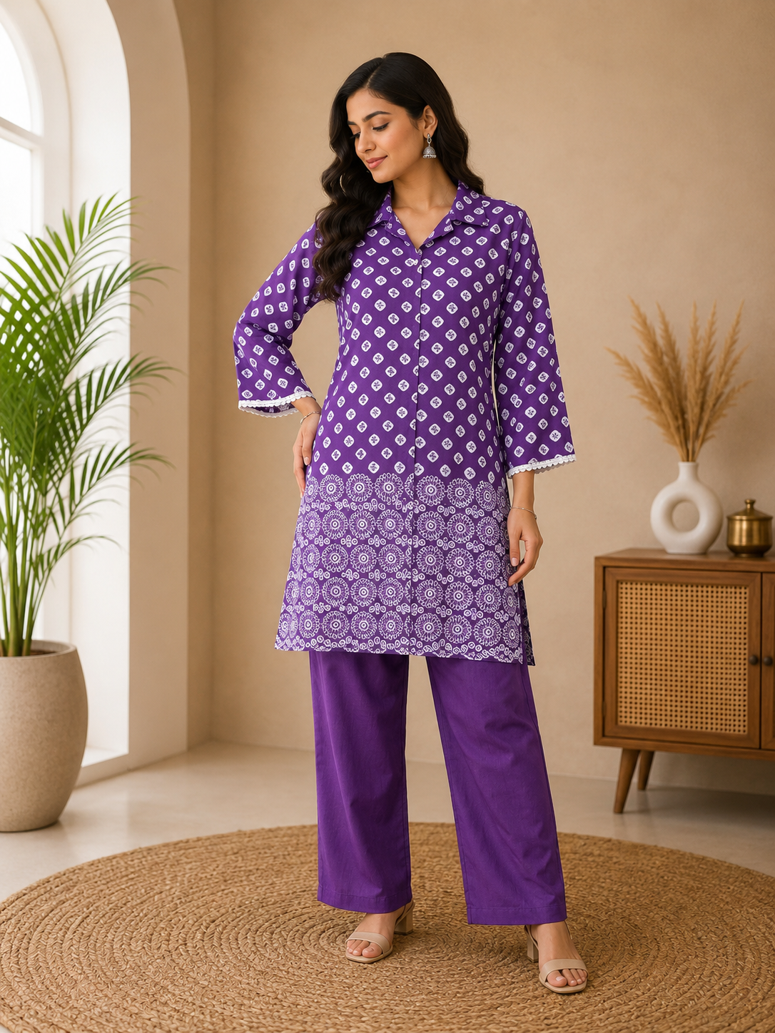 Purple Printed Cotton Kurta with Straight Pant Co-Ord Set for Women