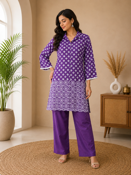 Purple Printed Cotton Kurta with Straight Pant Co-Ord Set for Women