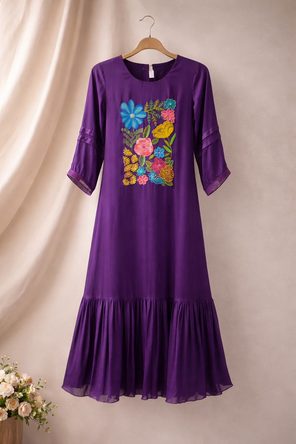 Purple Floral Embroidered Flared Kurta Dress.