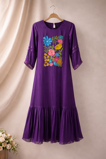 Purple Floral Embroidered Flared Kurta Dress.
