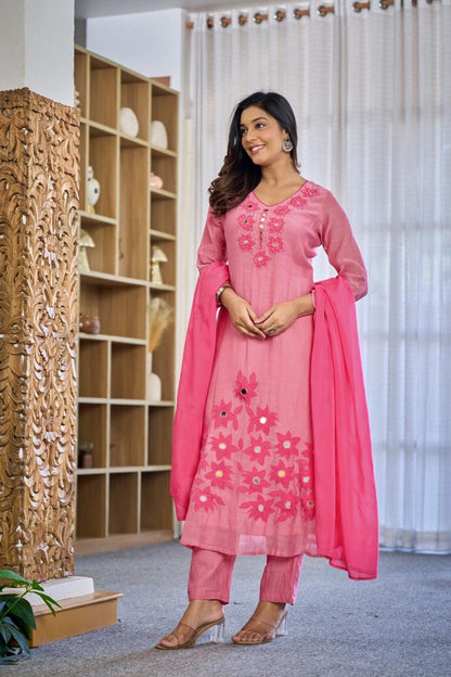 Premium Mul Chanderi Appliqué & Mirror Work Kurta Set with Dupatta