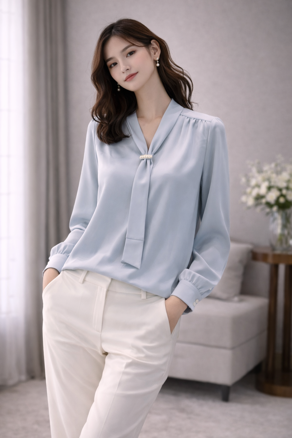 Elegant Tie-Neck Satin Blouse