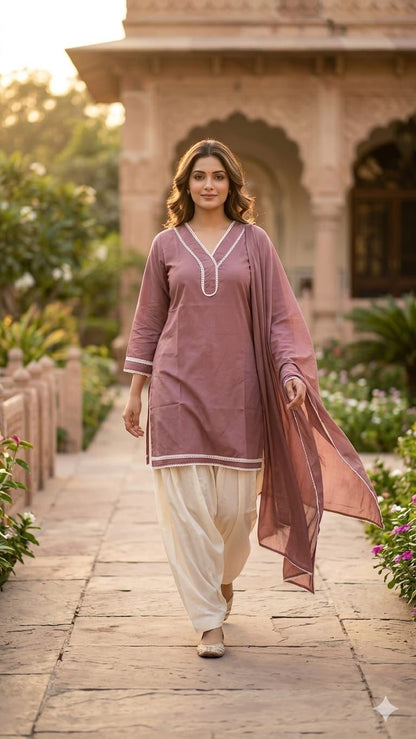 Women’s Rust Brown Straight Kurta with Off-White Patiala Pants & Matching Dupatta | Ethnic Cotton Blend 3-Piece Suit Set | Festive & Casual Wear