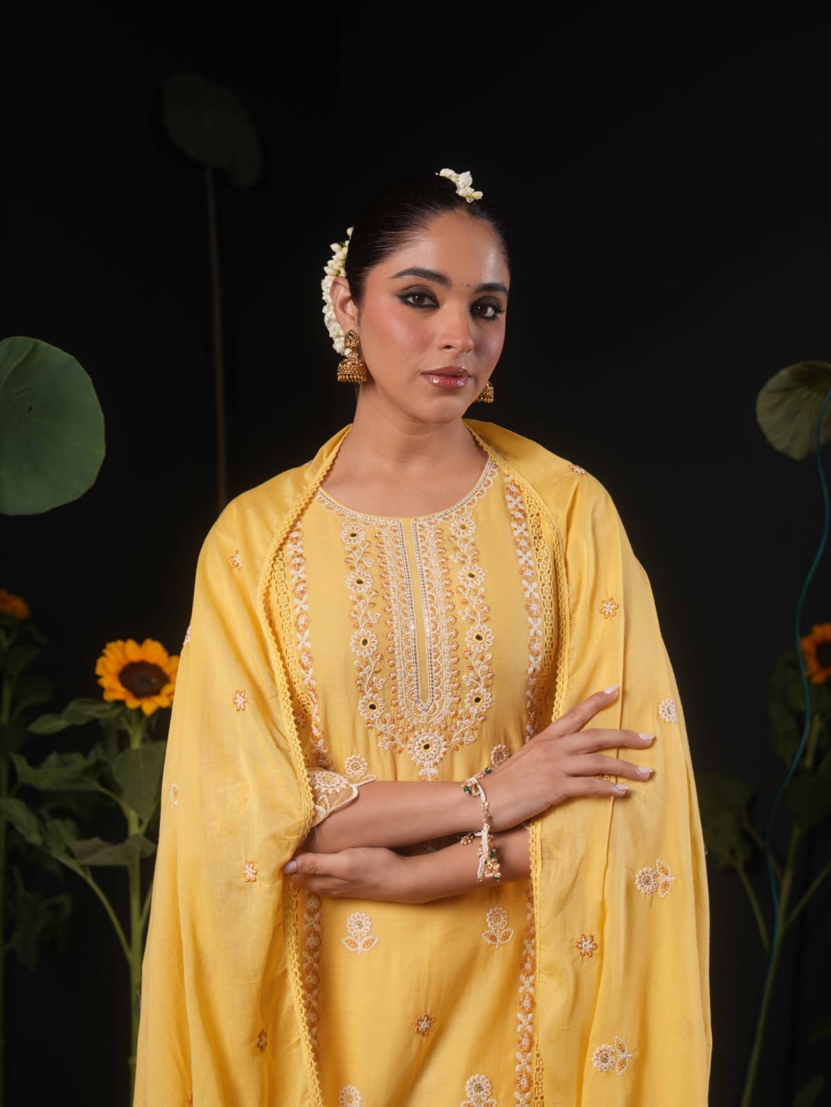 Yellow Embroidered Straight Kurta Pant Set with Dupatta for Women