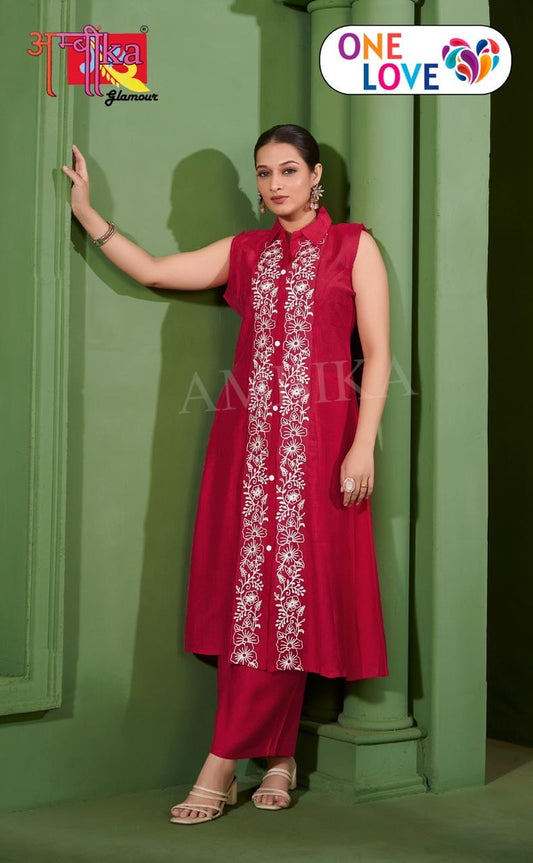 Women’s Maroon Embroidered A-Line Kurta with Straight Pants Co-ord Set | Sleeveless Ethnic Wear