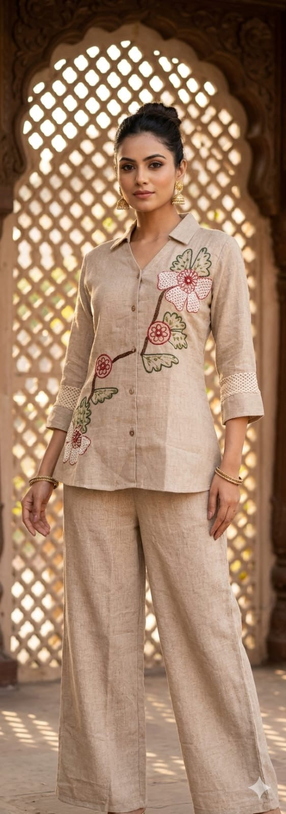 Women’s Beige Embroidered Co-ord Set