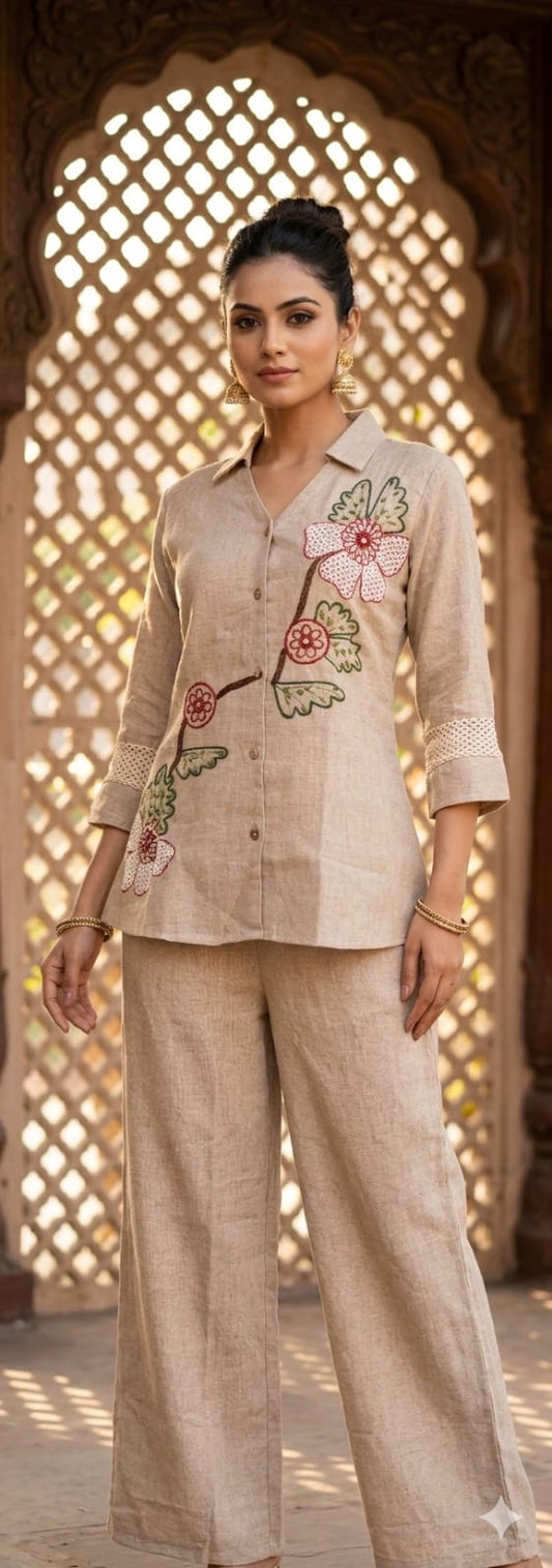 Women’s Beige Embroidered Co-ord Set