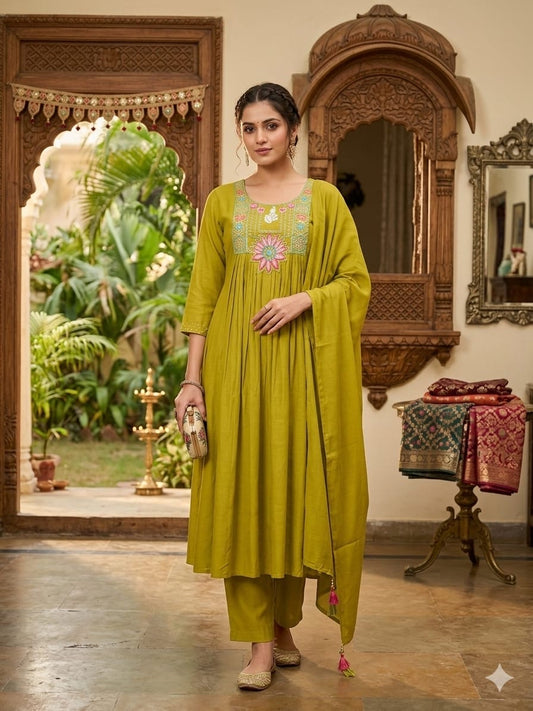 Olive Green Embroidered Anarkali Kurta Pant Set with Dupatta for Women