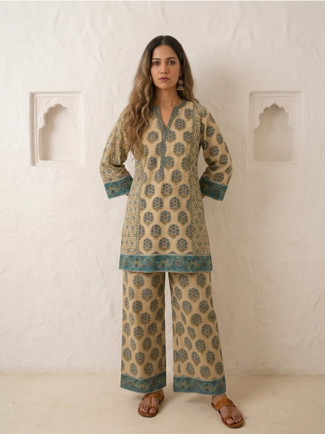 Rustic Olive ,Lime green , with rich teal  Handblock Suit Set