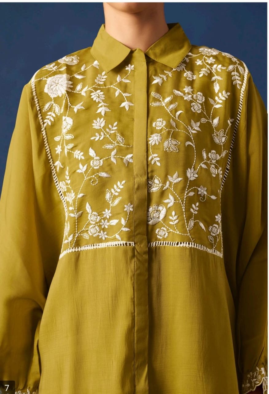 Women’s Olive Green Floral Embroidered Shirt & Straight Pants Co-ord Set | Premium Casual Wear