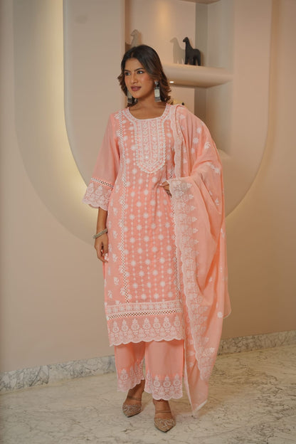 Women’s Lemon Yellow Embroidered Kurta Pant Dupatta Set