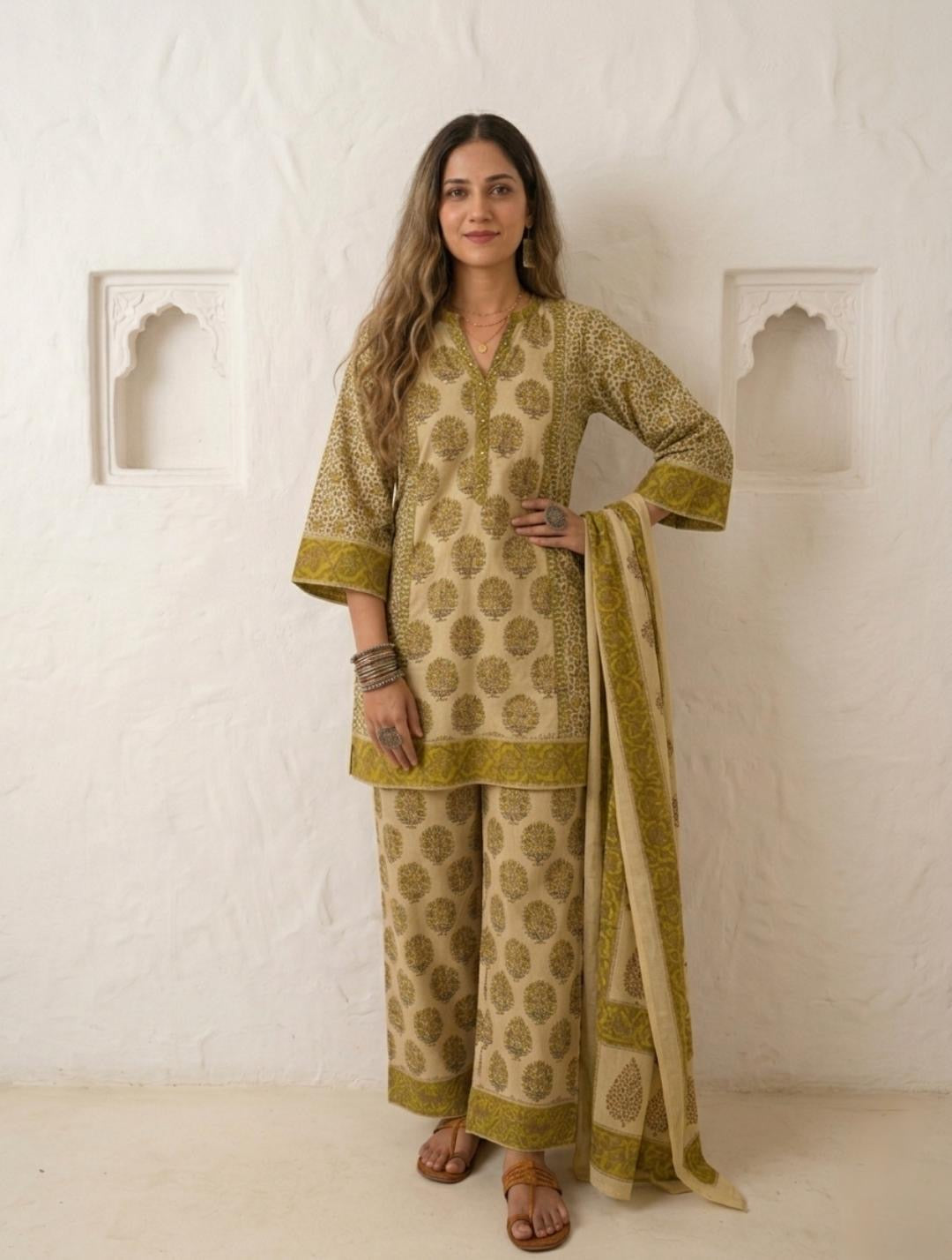Rustic Olive ,Lime green , with rich teal  Handblock Suit Set