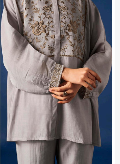 Women’s Grey Floral Embroidered Shirt & Straight Pants Co-ord Set | Elegant Casual Ethnic Wear