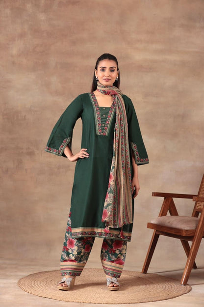 Women’s Dark Green Floral Print Kurta Pant Dupatta Set