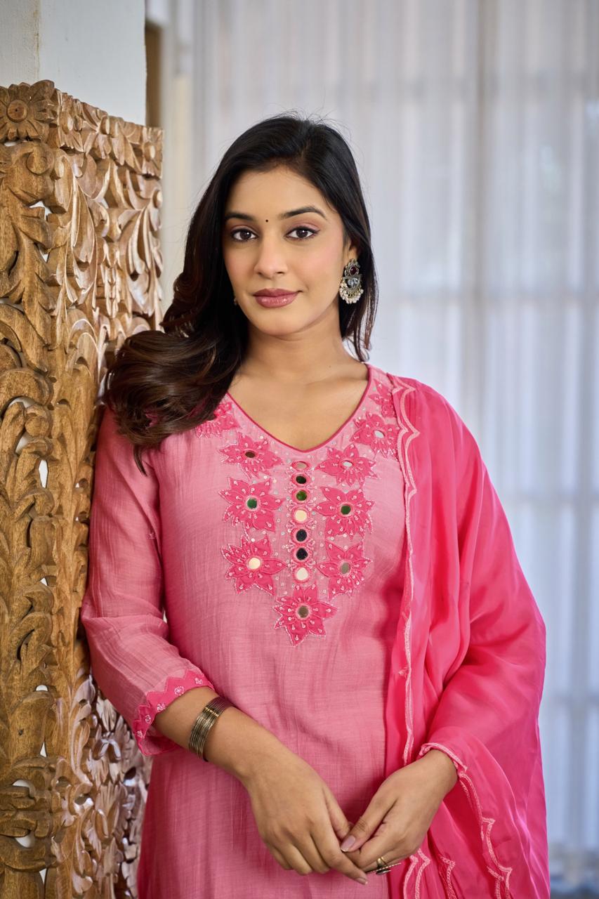 Premium Mul Chanderi Appliqué & Mirror Work Kurta Set with Dupatta