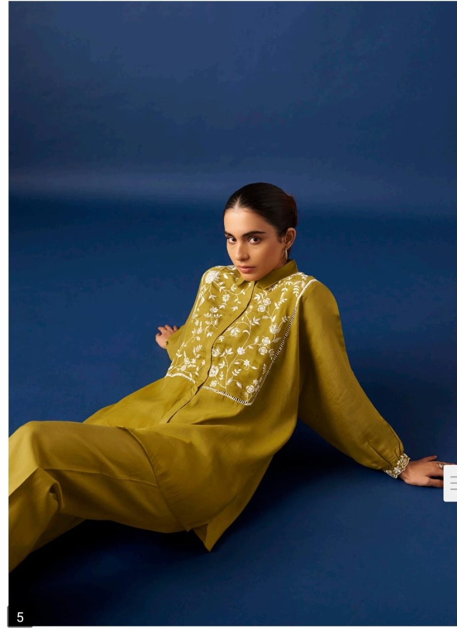 Women’s Olive Green Floral Embroidered Shirt & Straight Pants Co-ord Set | Premium Casual Wear
