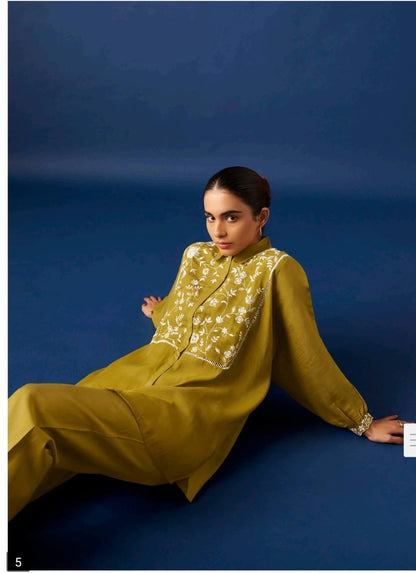 Women’s Olive Green Floral Embroidered Shirt & Straight Pants Co-ord Set | Premium Casual Wear