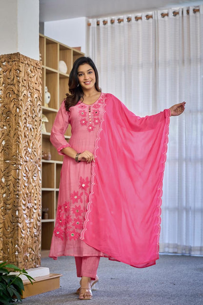 Premium Mul Chanderi Appliqué & Mirror Work Kurta Set with Dupatta