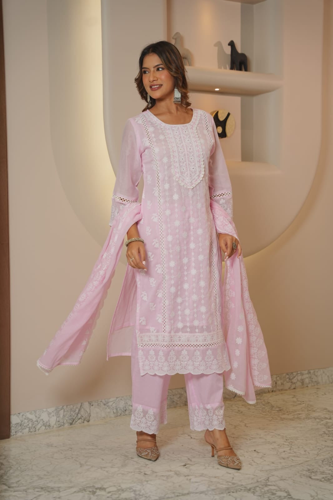 Women’s Lemon Yellow Embroidered Kurta Pant Dupatta Set