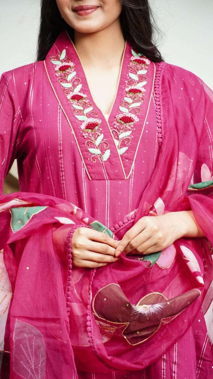 Rani Pink Embroidered Kurta Set with Floral Chiffon Dupatta