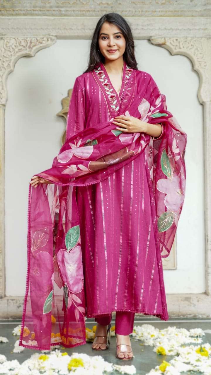 Rani Pink Embroidered Kurta Set with Floral Chiffon Dupatta