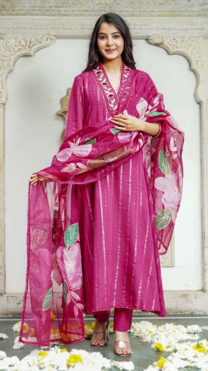 Rani Pink Embroidered Kurta Set with Floral Chiffon Dupatta
