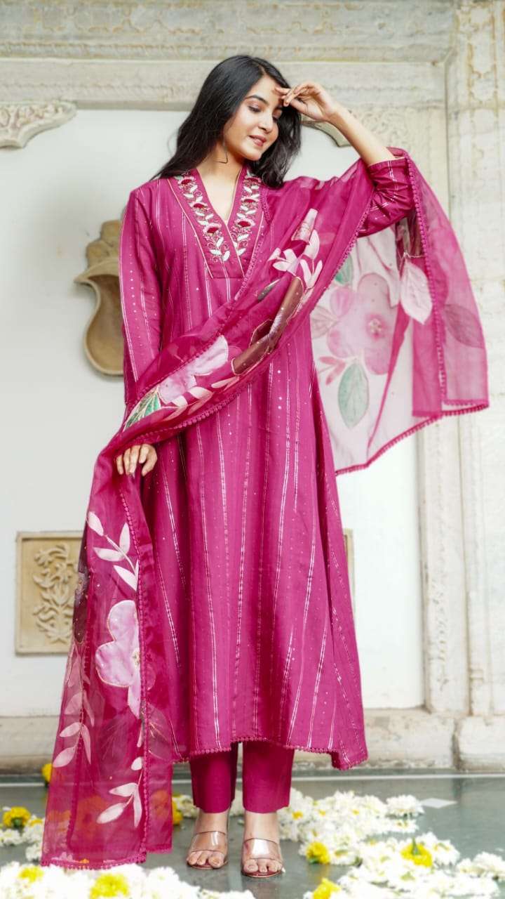 Rani Pink Embroidered Kurta Set with Floral Chiffon Dupatta