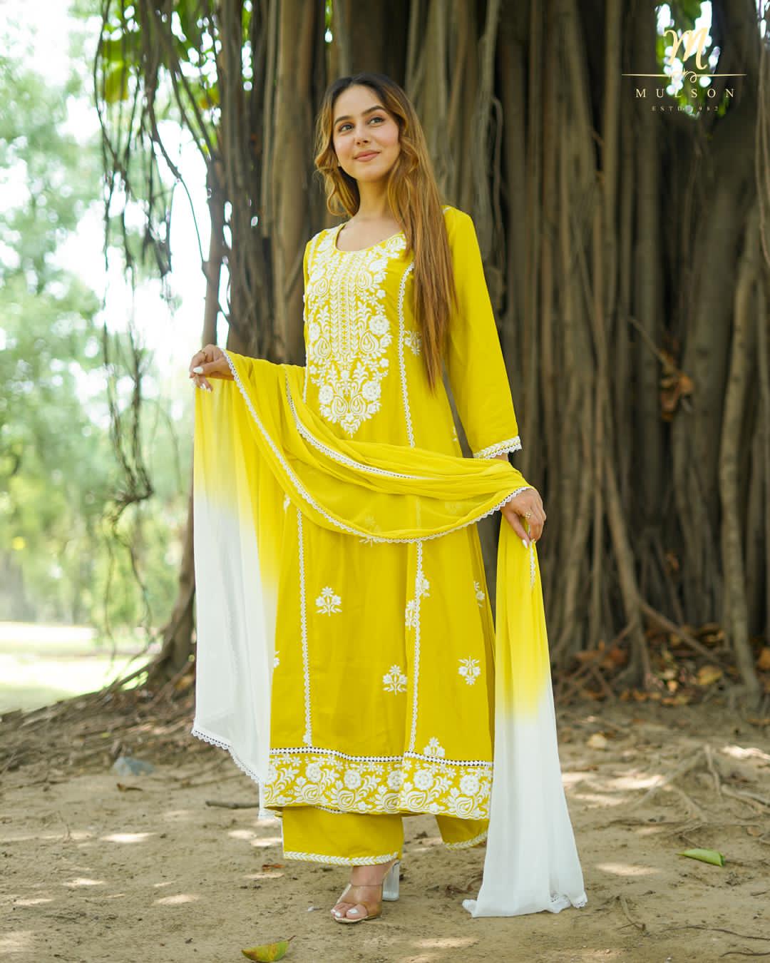 Cotton Kurta Set with Yellow & White Embroidery & Ombre Dupatta