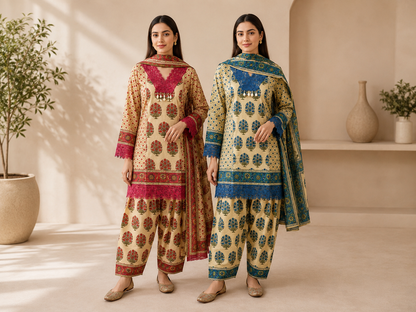 Women’s Cotton Printed Kurta Salwar Dupatta Set | Traditional 3-Piece
