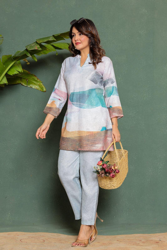 Printed Kurti & Pants Set Mulson Pastel Abstract Printed Kurti & Pants Set