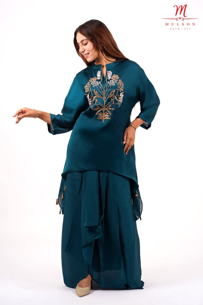 Teal Embroidered kurta With Dhoti Set