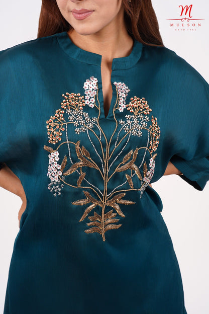 Teal Embroidered kurta With Dhoti Set