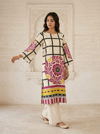 Mulson Checkered Bloom Kurta Set – Rust Red, Berry Pink , Olive Green.