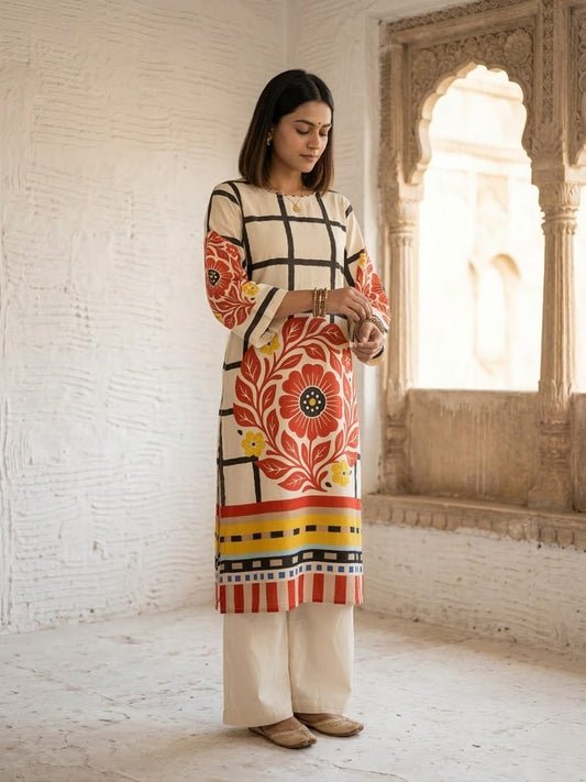 Mulson Checkered Bloom Kurta Set – Rust Red, Berry Pink , Olive Green.