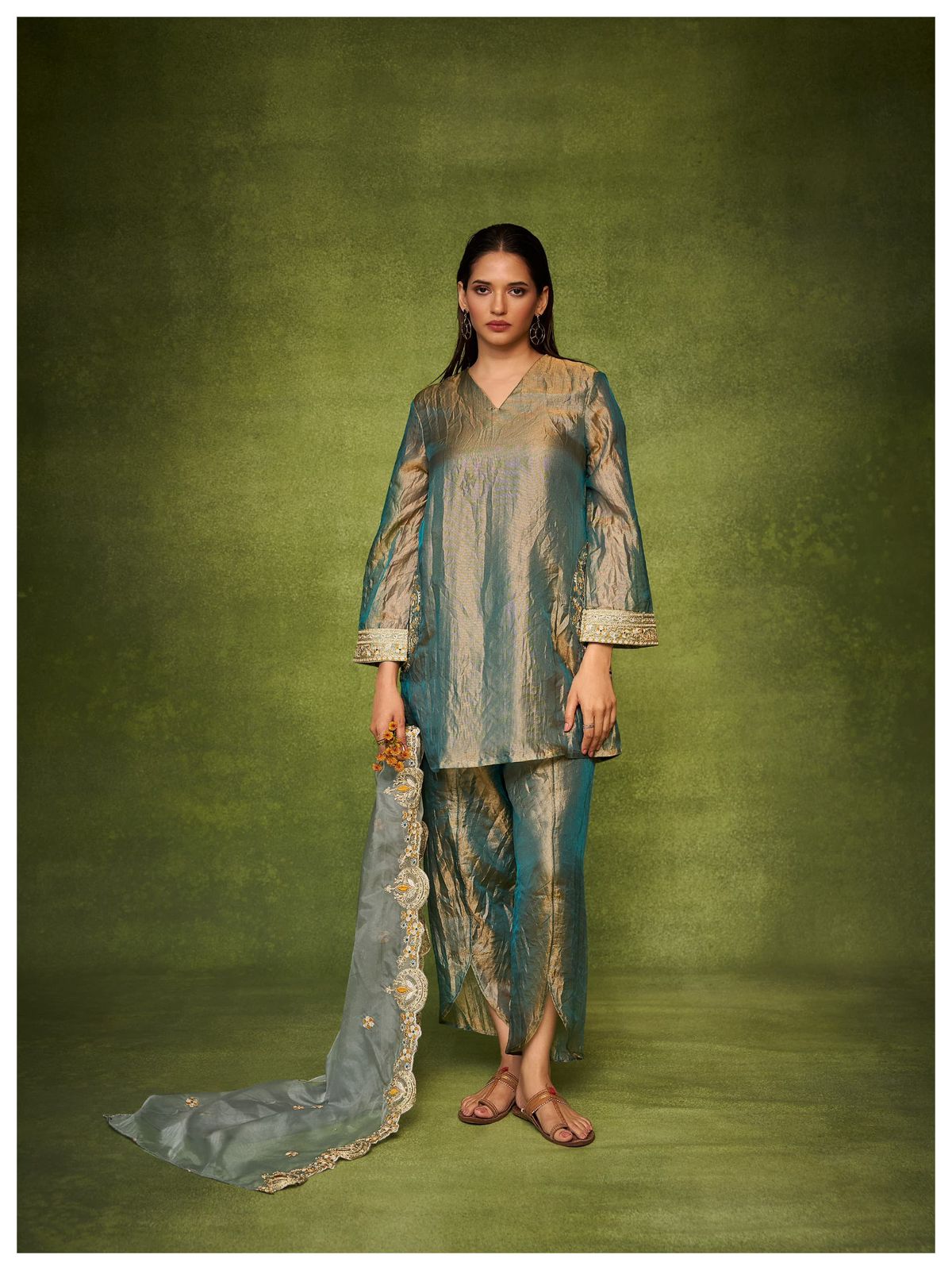 Elegant Organza Cape Style Kurta Set with Textured Palazzo for Women – Festive & Semi-Formal Ethnic Wear