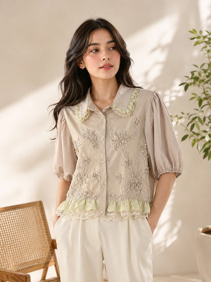 Women’s Embroidered Lace Peter Pan Collar Top | Puff Sleeve Button-Down Cotton Shirt | Casual & Office Wear | Available in Pink, Brown, Black & White