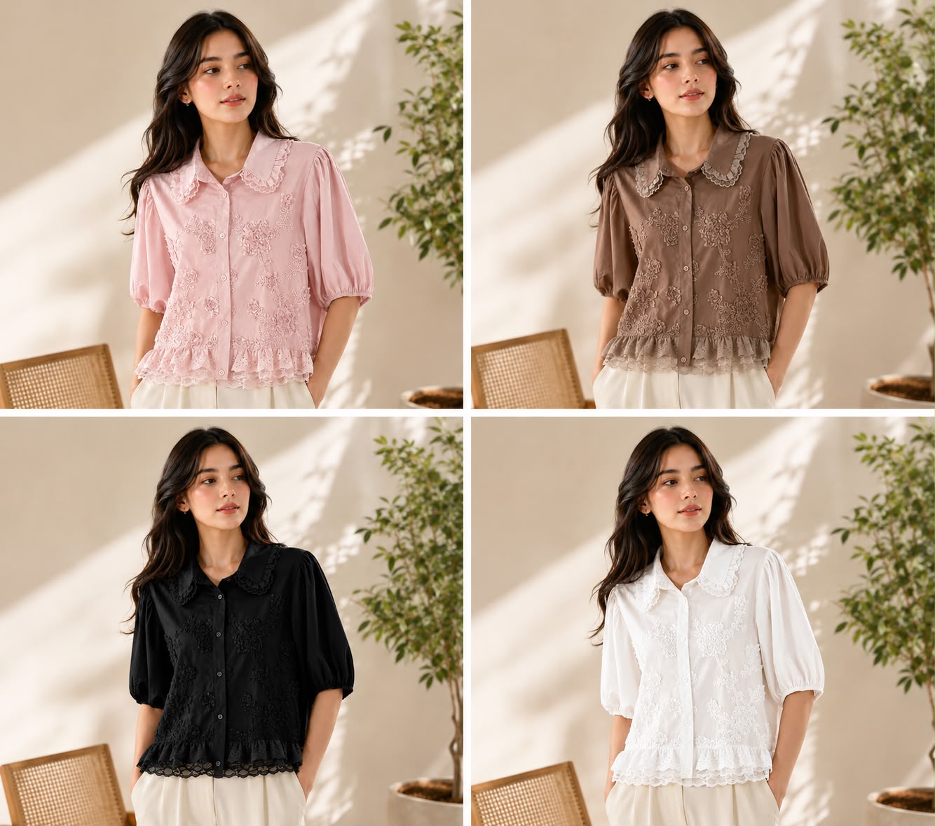 Women’s Embroidered Lace Peter Pan Collar Top | Puff Sleeve Button-Down Cotton Shirt | Casual & Office Wear | Available in Pink, Brown, Black & White